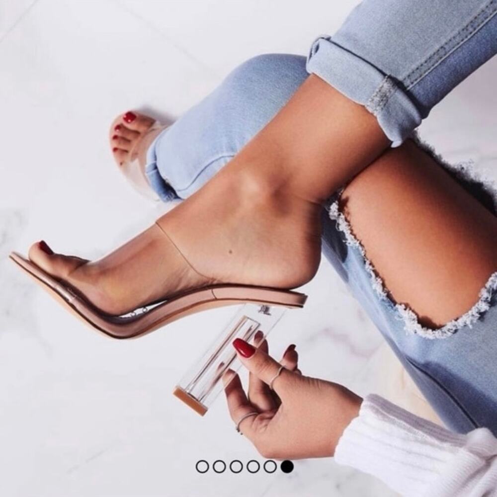 EGO Clear Chunky Block Heel Mules Nude Pink Transparent Heels UK 6 US Size 8